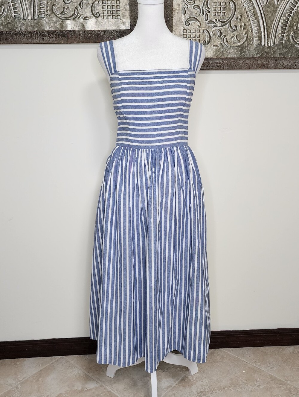 Eliza J Blue & White Striped Linen Square-Neck Midi Dress Sz8 Cottagecore Picnic